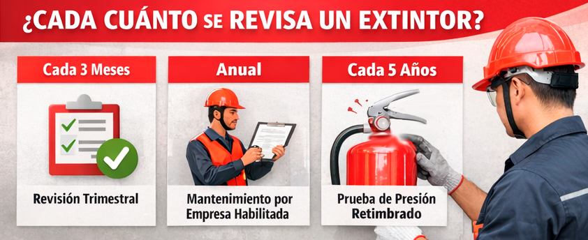 ¿Cada cuánto se revisa un extintor? Frecuencias RIPCI: revisión trimestral, mantenimiento anual y retimbrado cada 5 años