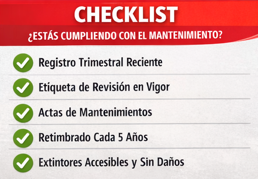 Checklist de mantenimiento de extintores según RIPCI: registro trimestral, etiqueta vigente, actas, retimbrado y accesibilidad